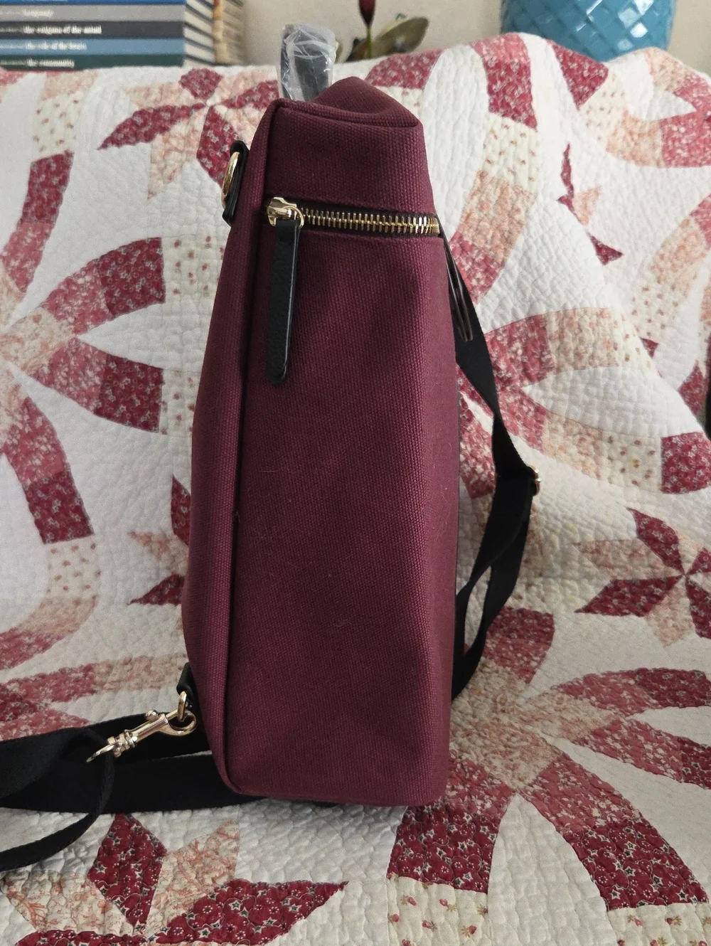 henri bendel Burgundy Canvas Backpack with Black Trim and Striped Strap